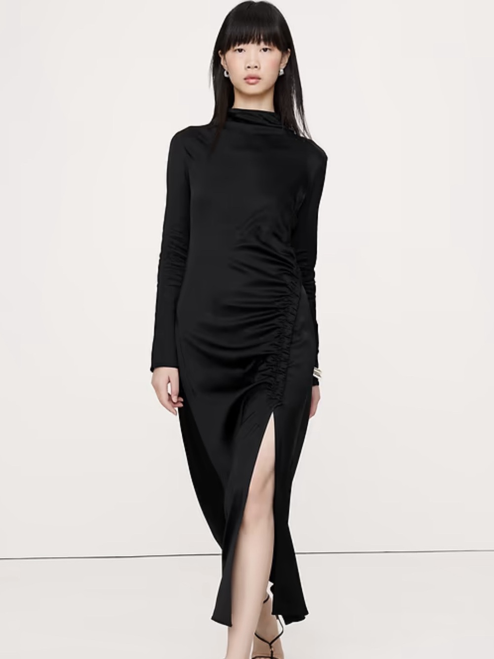 Banana Republic Factory Black Long Sleeve Ruched Stretch Satin Gown